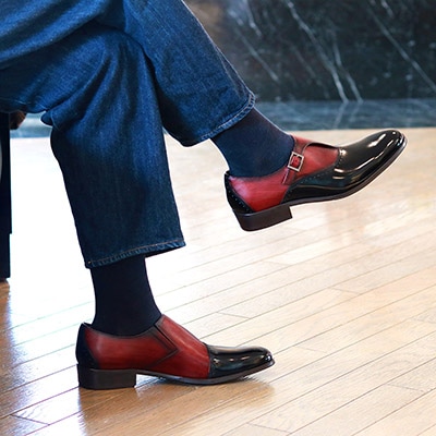 LANVIN COLLECTION　ブラックシャイニーバイカラーコンビ シングルモンクストラップ ドレスシューズ　83378 BORDEAUX 25.0