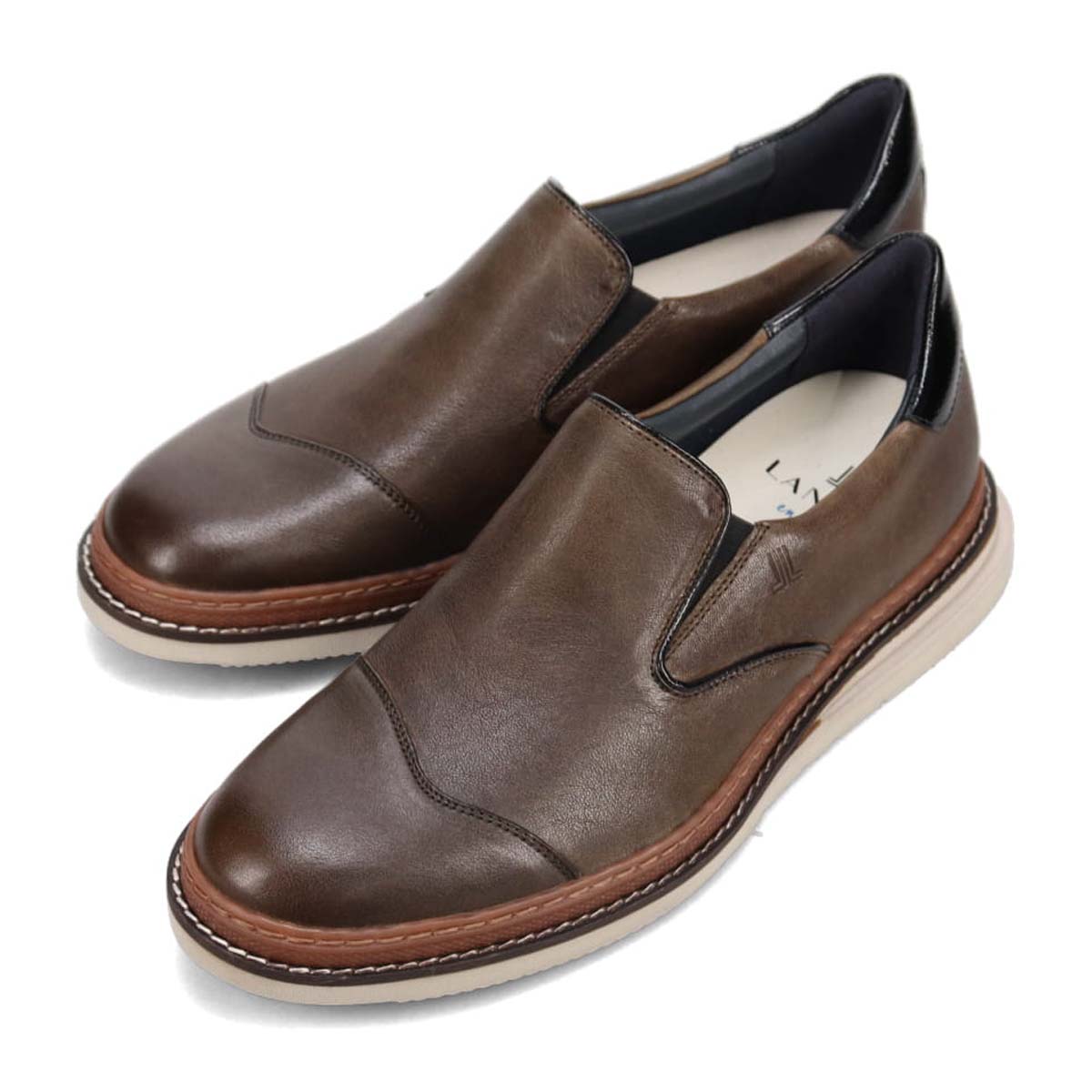 ランバンオンブルー LANVIN en Bleu  異素材MIXアシンメトリーサイドエラスティックスリッポンスニーカー　86554 KHAKI 25.0