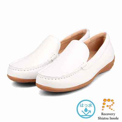 【撥水仕様】モデロ MODELLO 「Recovery Shiatsu Insole」搭載で指圧効果により血行をよくする。Recoveryスクエアトゥ モカシンシューズ  DML5500R WHITE 23.0