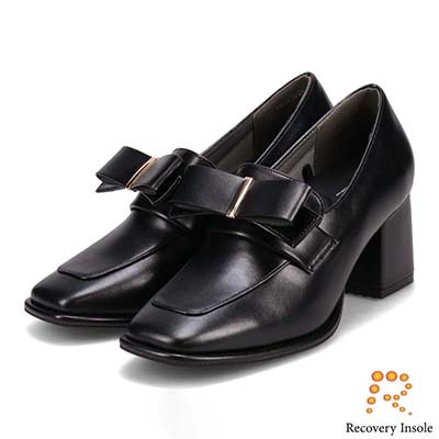 【取り外しリボン仕様】モデロ MODELLO 「リカバリーインソール」搭載で指圧効果により血行を115％促進。Recoveryチャンキーヒールローファー　DML6065R BLACK 23.0