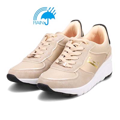 【4cm4時間防水設計】エル スポーツ ELLESPORT スッと履けるクイックフィット　レイン仕様  ニットレースアップスニーカー　ESP12595 BEIGE-M 23.0