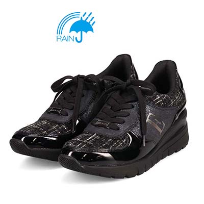 【4cm4時間防水設計】エル スポーツ ELLESPORT スッと履けるクイックフィット　レイン仕様  ニットレースアップスニーカー　ESP12595 BLACK-TX 23.0