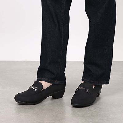 エル スポーツ ELLESPORT  ウェッジヒールで歩きやすい♪足馴染み抜群のソフトストレッチ素材  ビットローファー　ESP14710 BLACK-SILKY 23.0