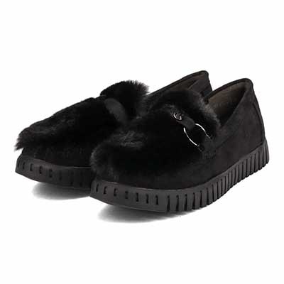 【撥水加工】HIROKO KOSHINO FEMME　モカにファーをあしらったフェミニンテイスト モカシンシューズ　HRL1010 BLACK M　(23.0～23.5)