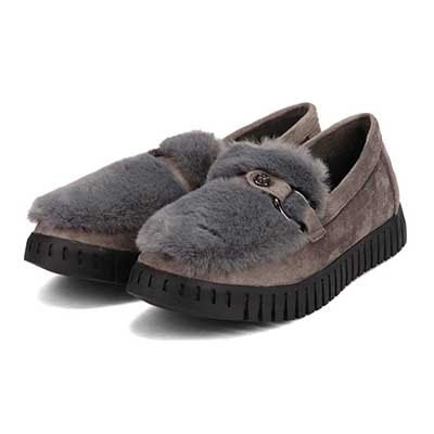 【撥水加工】HIROKO KOSHINO FEMME　モカにファーをあしらったフェミニンテイスト モカシンシューズ　HRL1010 GRAY M　(23.0～23.5)