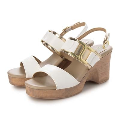 テーン tehen ウッド調のヒールが夏らしいアクセント。7.5cm大人の厚底ウェッジサンダル　TN2305 WHITE/C M　(23.0～23.5)