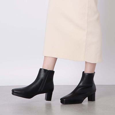 【撥水加工】テーン tehen  太ヒール×厚底で歩きやすく、きれいめにもカジュアルにも◎  ショートブーツ　TN6703 BLACK-SILKY 23.0