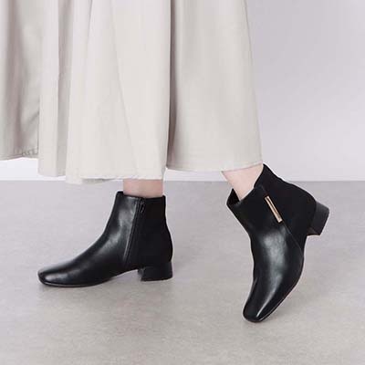 【撥水加工】テーン tehen スクエアトゥショートブーツ｜きらり金具がアクセント◎上品×歩きやすい大人のきれいめブーツ　スクエアトゥショートブーツ　TN6704 BLACK 23.0