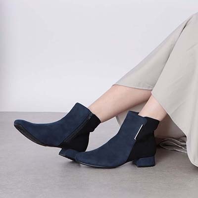 【撥水加工】テーン tehen スクエアトゥショートブーツ｜きらり金具がアクセント◎上品×歩きやすい大人のきれいめブーツ　スクエアトゥショートブーツ　TN6704 NAVY/C 23.0