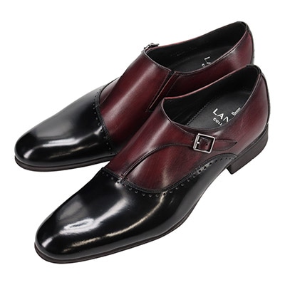 LANVIN COLLECTION　ブラックシャイニーバイカラーコンビ シングルモンクストラップ ドレスシューズ　83378 BORDEAUX 25.0