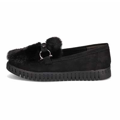 【撥水加工】HIROKO KOSHINO FEMME　モカにファーをあしらったフェミニンテイスト モカシンシューズ　HRL1010 BLACK M　(23.0～23.5)