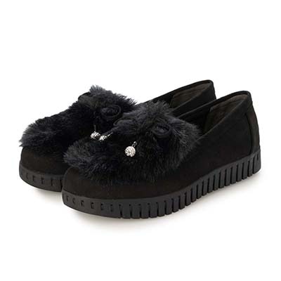 HIROKO KOSHINO FEMME フェイクファーとラインストーンボールが大人可愛いモカシン HRL2033 BLACK 23.0
