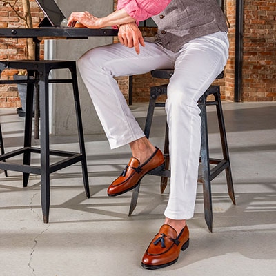 madras ドレスにも対応できる　バイカラーコンビネーション・タッセルスリッポンシューズ　M445 L-BROWN/NAVY 25.0