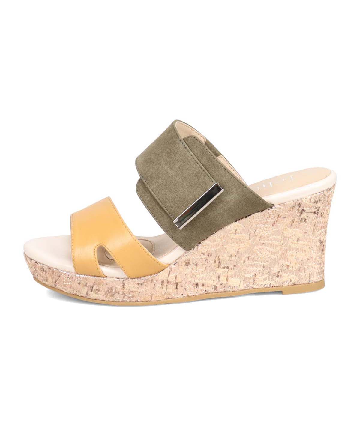 テーン tehen 透かし模様コルクヒールの異素材コンビ ミュールサンダル　TN1793 BEIGE 23.0