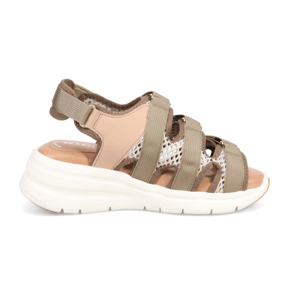 モデロ MODELLO 「リカバリーインソール」搭載で指圧効果により血行を115％促進。Recovery３本ベルトヒールアップスポーツサンダル　DML6063R BEIGE 23.0