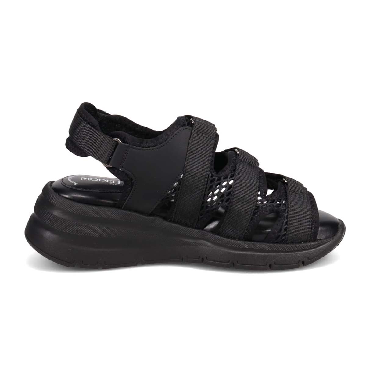 モデロ MODELLO 「リカバリーインソール」搭載で指圧効果により血行を115％促進。Recovery３本ベルトヒールアップスポーツサンダル　DML6063R BLACK 23.0