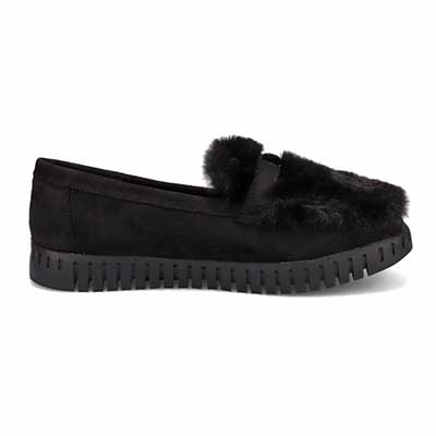 【撥水加工】HIROKO KOSHINO FEMME　モカにファーをあしらったフェミニンテイスト モカシンシューズ　HRL1010 BLACK M　(23.0～23.5)