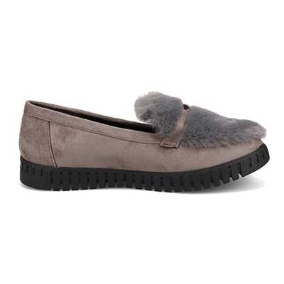 【撥水加工】HIROKO KOSHINO FEMME　モカにファーをあしらったフェミニンテイスト モカシンシューズ　HRL1010 GRAY M　(23.0～23.5)