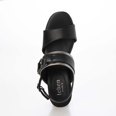テーン tehen ウッド調のヒールが夏らしいアクセント。7.5cm大人の厚底ウェッジサンダル　TN2305 BLACK/C M　(23.0～23.5)