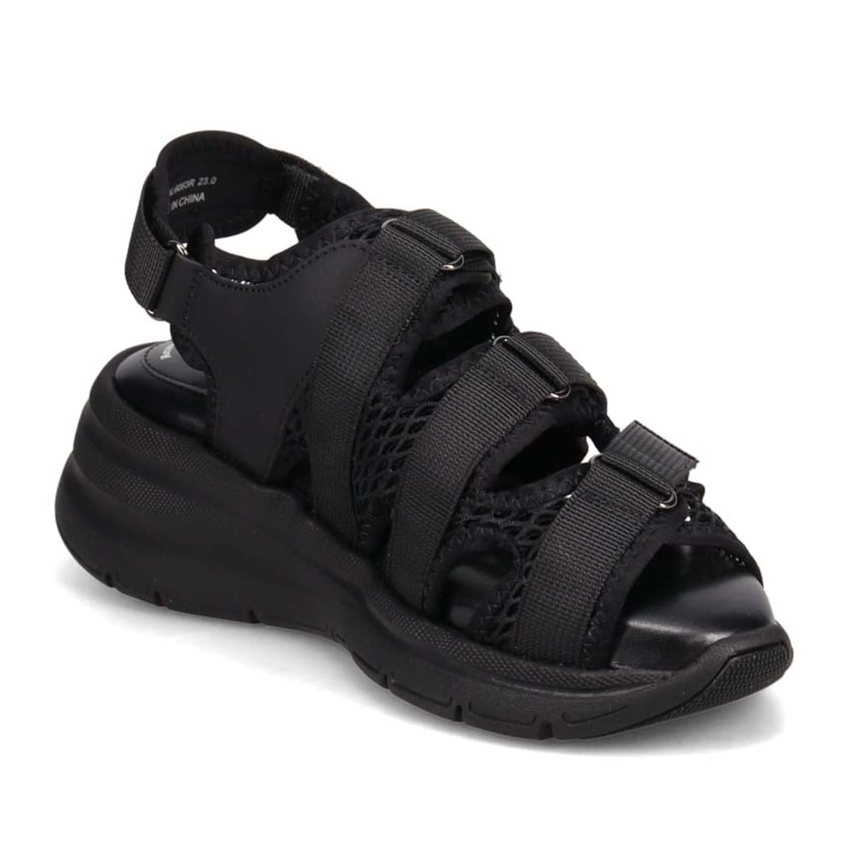 モデロ MODELLO 「リカバリーインソール」搭載で指圧効果により血行を115％促進。Recovery３本ベルトヒールアップスポーツサンダル　DML6063R BLACK 23.0