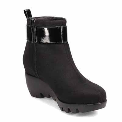 【撥水加工】HIROKO KOSHINO FEMME　ウェーブソール カジュアルショートブーツ　HRL1002 BLACK-SILKY M　(23.0～23.5)