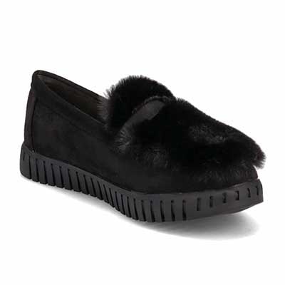 【撥水加工】HIROKO KOSHINO FEMME　モカにファーをあしらったフェミニンテイスト モカシンシューズ　HRL1010 BLACK M　(23.0～23.5)