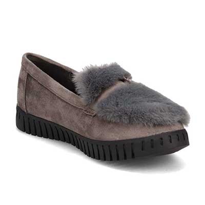 【撥水加工】HIROKO KOSHINO FEMME　モカにファーをあしらったフェミニンテイスト モカシンシューズ　HRL1010 GRAY M　(23.0～23.5)