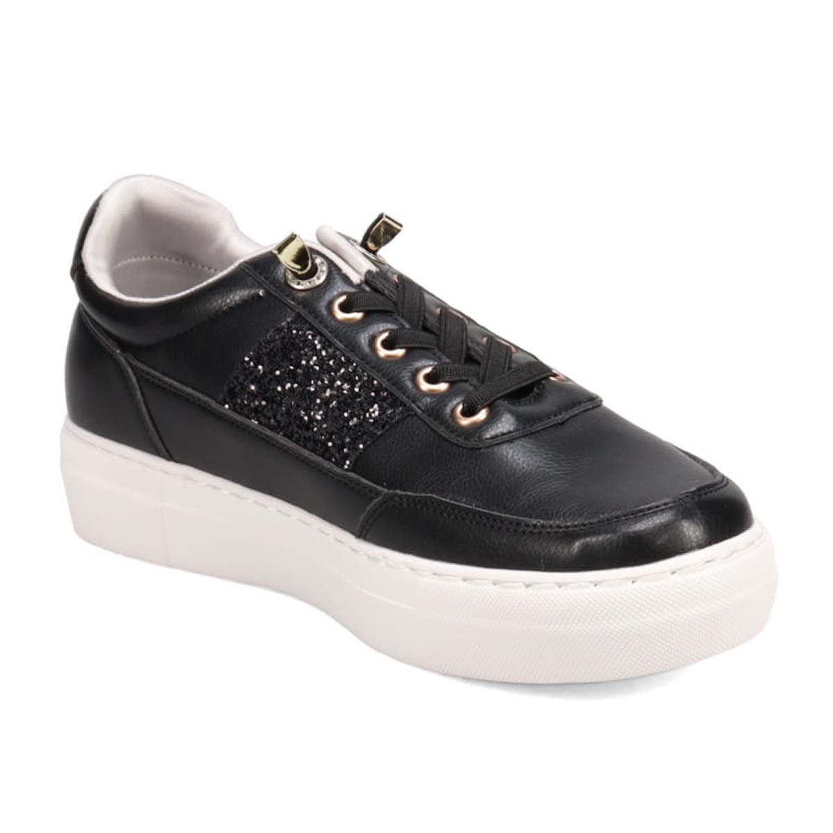 HIROKO KOSHINO FEMME ゴムのシューレースで履きやすい グリッターが華やかなスニーカー　HRL2016 BLACK 23.0