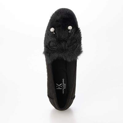 HIROKO KOSHINO FEMME フェイクファーとラインストーンボールが大人可愛いモカシン HRL2033 BLACK 23.0