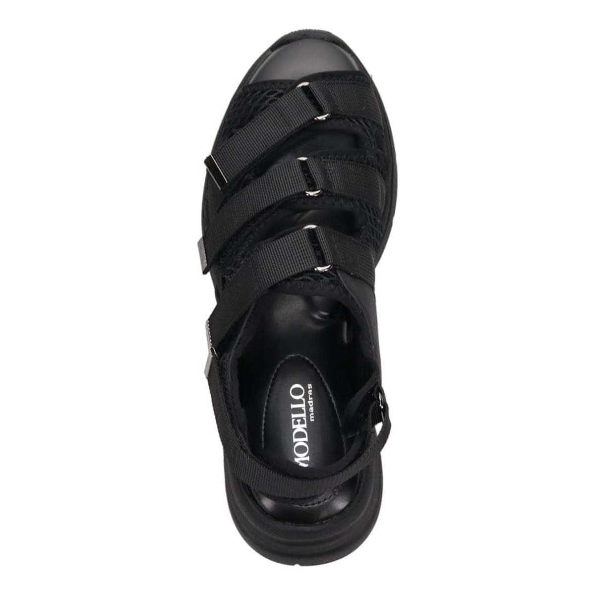 モデロ MODELLO 「リカバリーインソール」搭載で指圧効果により血行を115％促進。Recovery３本ベルトヒールアップスポーツサンダル　DML6063R BLACK 23.0