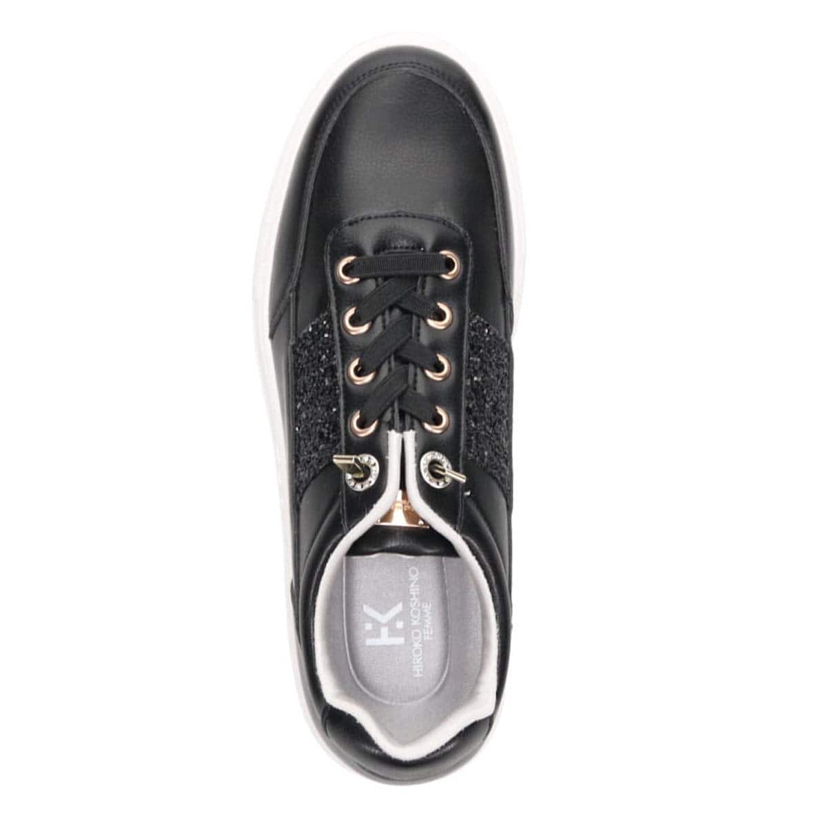 HIROKO KOSHINO FEMME ゴムのシューレースで履きやすい グリッターが華やかなスニーカー　HRL2016 BLACK 23.0