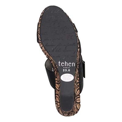 テーン tehen 透かし模様コルクヒールの異素材コンビ ミュールサンダル　TN1793 BLACK 23.0