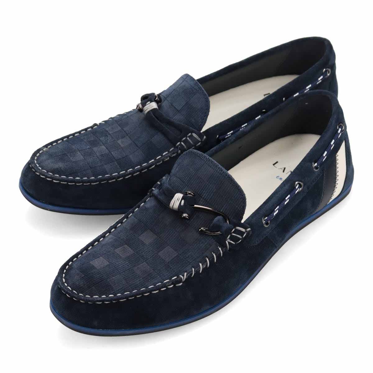 LANVIN en Bleu　ブロックチェックエンボスレザー ドライビングシューズ　86481 NAVY-VELOURS 25.0