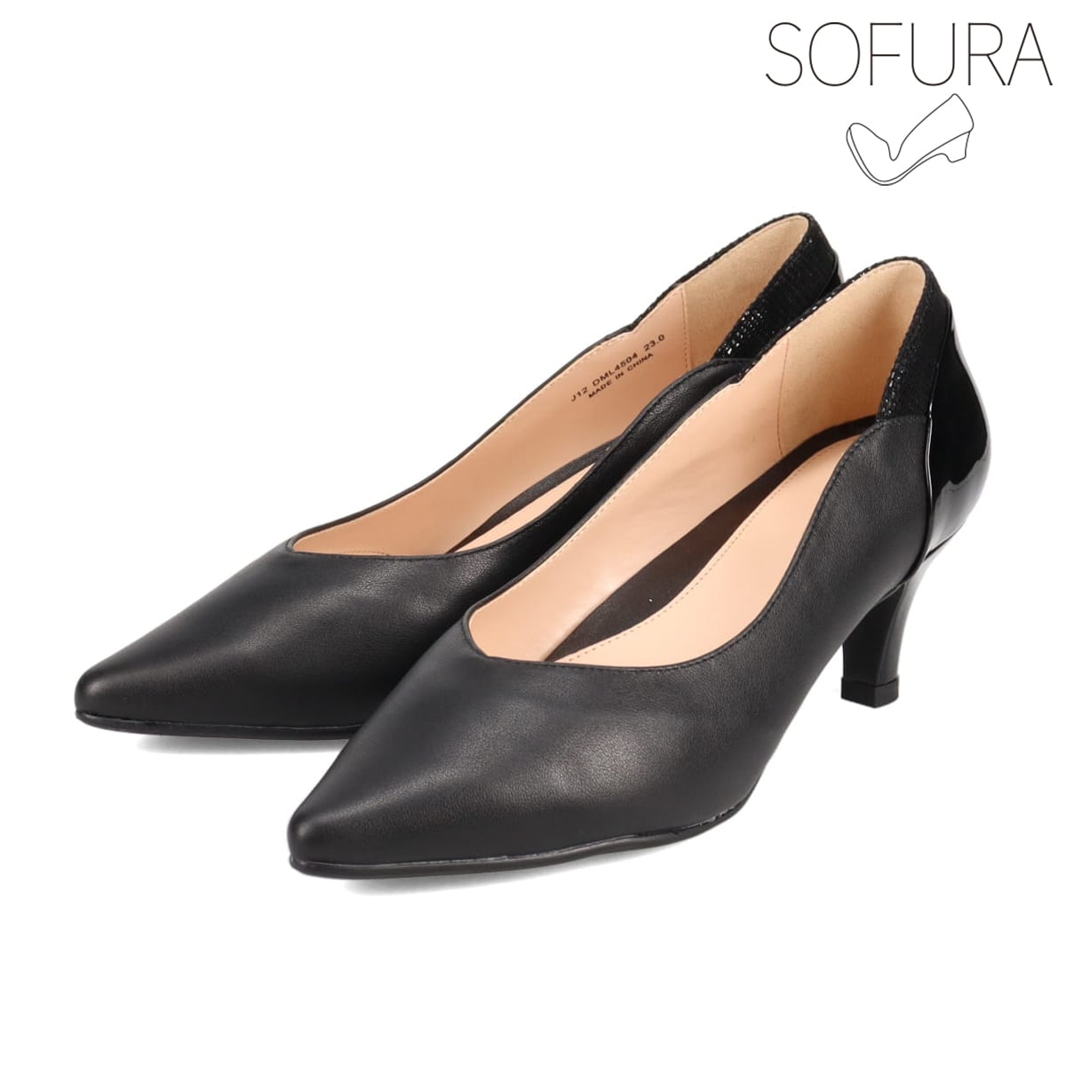 【抗ウイルス・抗菌加工】シンプルでありながら美脚効果抜群のカットライン MODELLO新シリーズ 『SOFURA』 ポインテッドパンプス　DML4504 BLACK 23.0