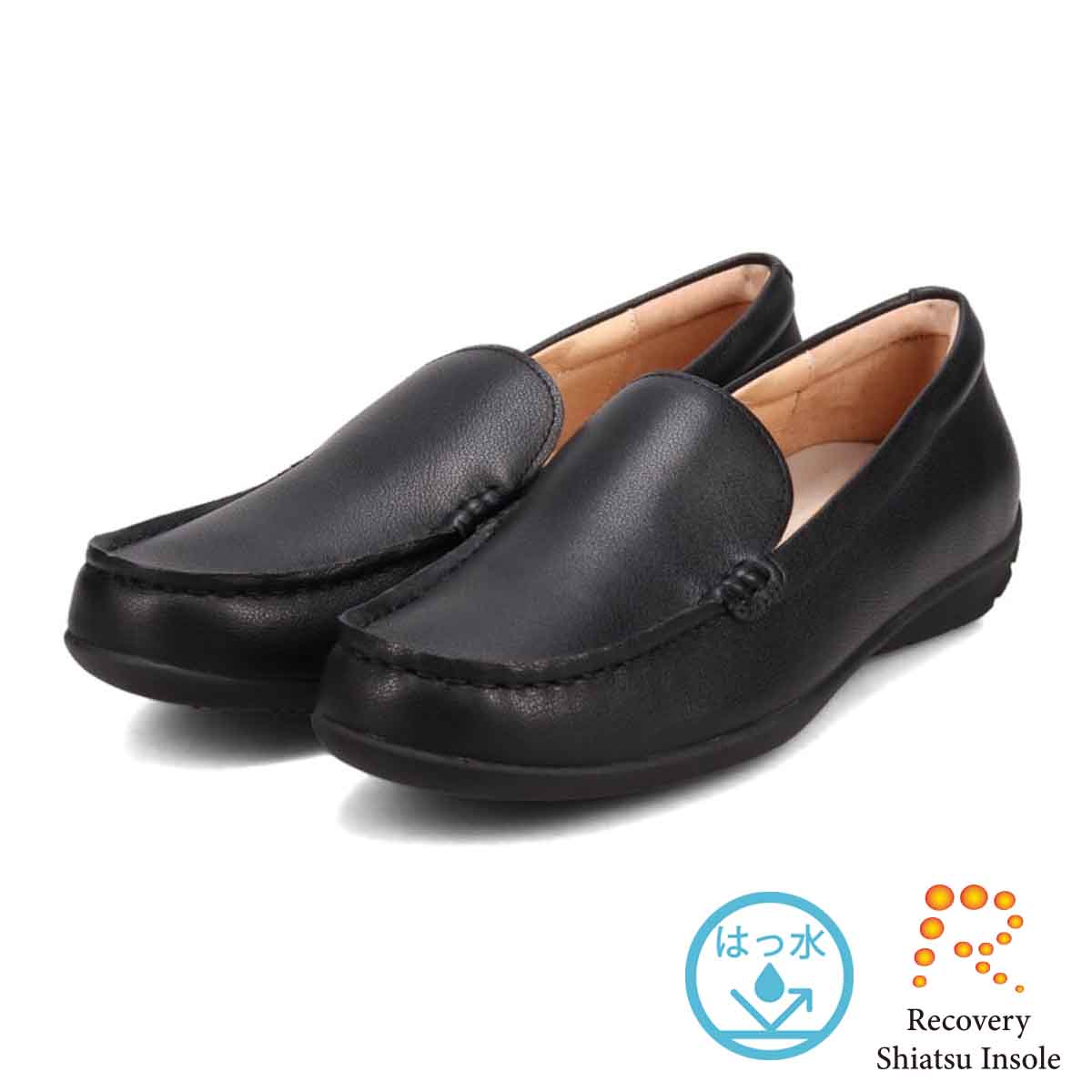 【撥水仕様】MODELLO「RecoveryShiatsu Insole」搭載で指圧効果により血行をよくする。Recoveryスクエアトゥ モカシンシューズ  DML5500R BLACK 23.0