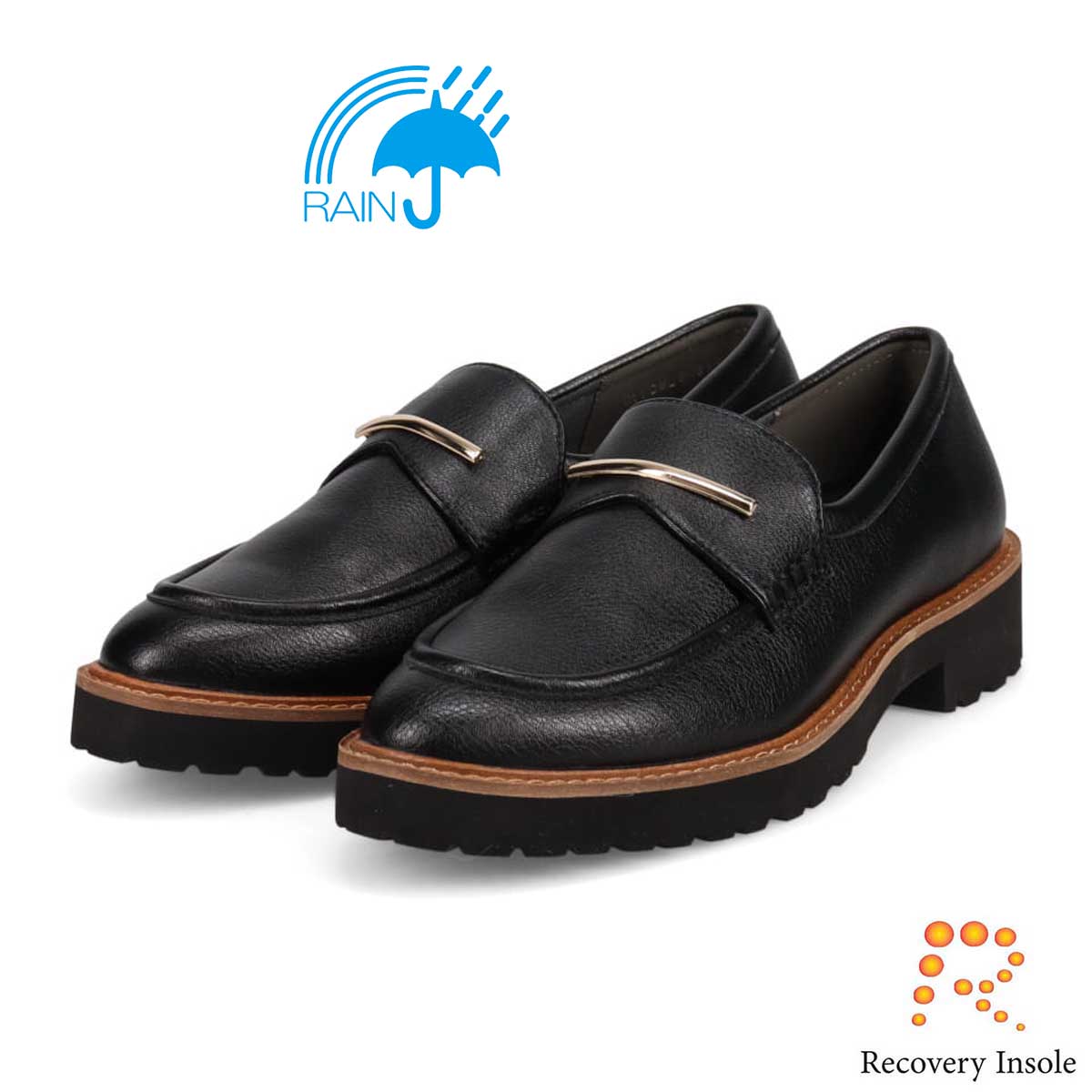 【撥水仕様】モデロ MODELLO 「リカバリーインソール」搭載で指圧効果により血行を115％促進。バー金具付き Recovery厚底ローファー　DML6061R BLACK 23.0