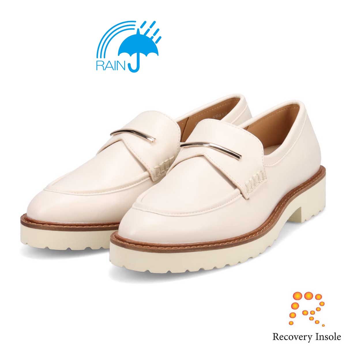 【撥水仕様】モデロ MODELLO 「リカバリーインソール」搭載で指圧効果により血行を115％促進。バー金具付きのRecovery厚底ローファー　DML6061R IVORY 23.0