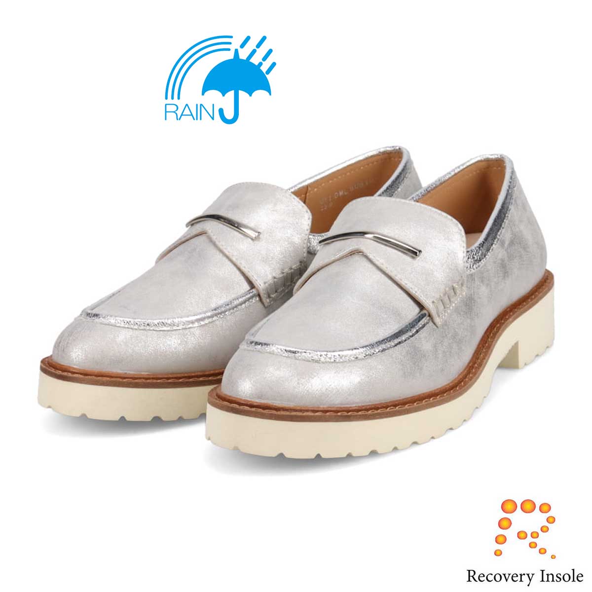 【撥水仕様】モデロ MODELLO 「リカバリーインソール」搭載で指圧効果により血行を115％促進。バー金具付き Recovery厚底ローファー　DML6061R SILVER 23.0