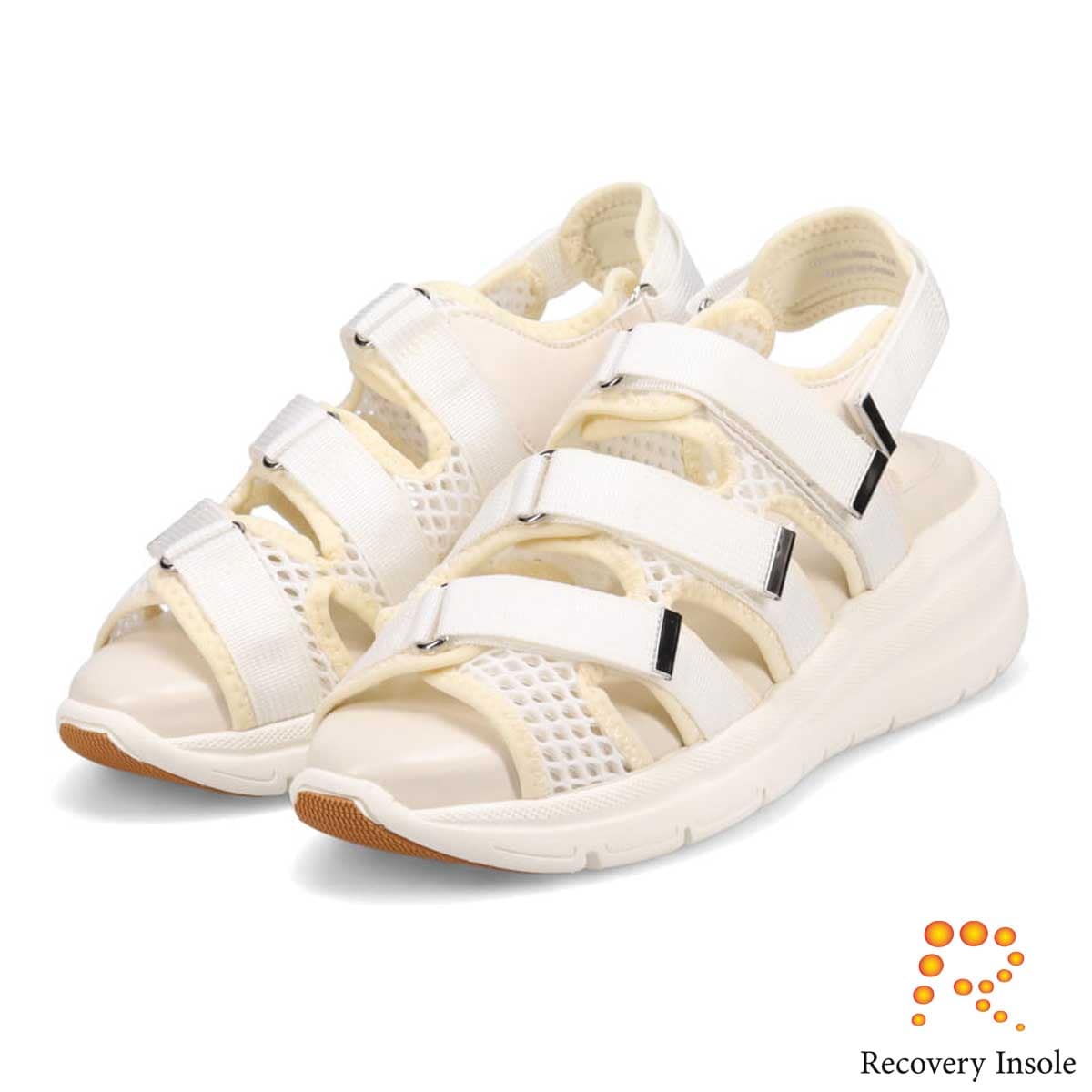 モデロ MODELLO 「リカバリーインソール」搭載で指圧効果により血行を115％促進。Recovery３本ベルトヒールアップスポーツサンダル　DML6063R WHITE 23