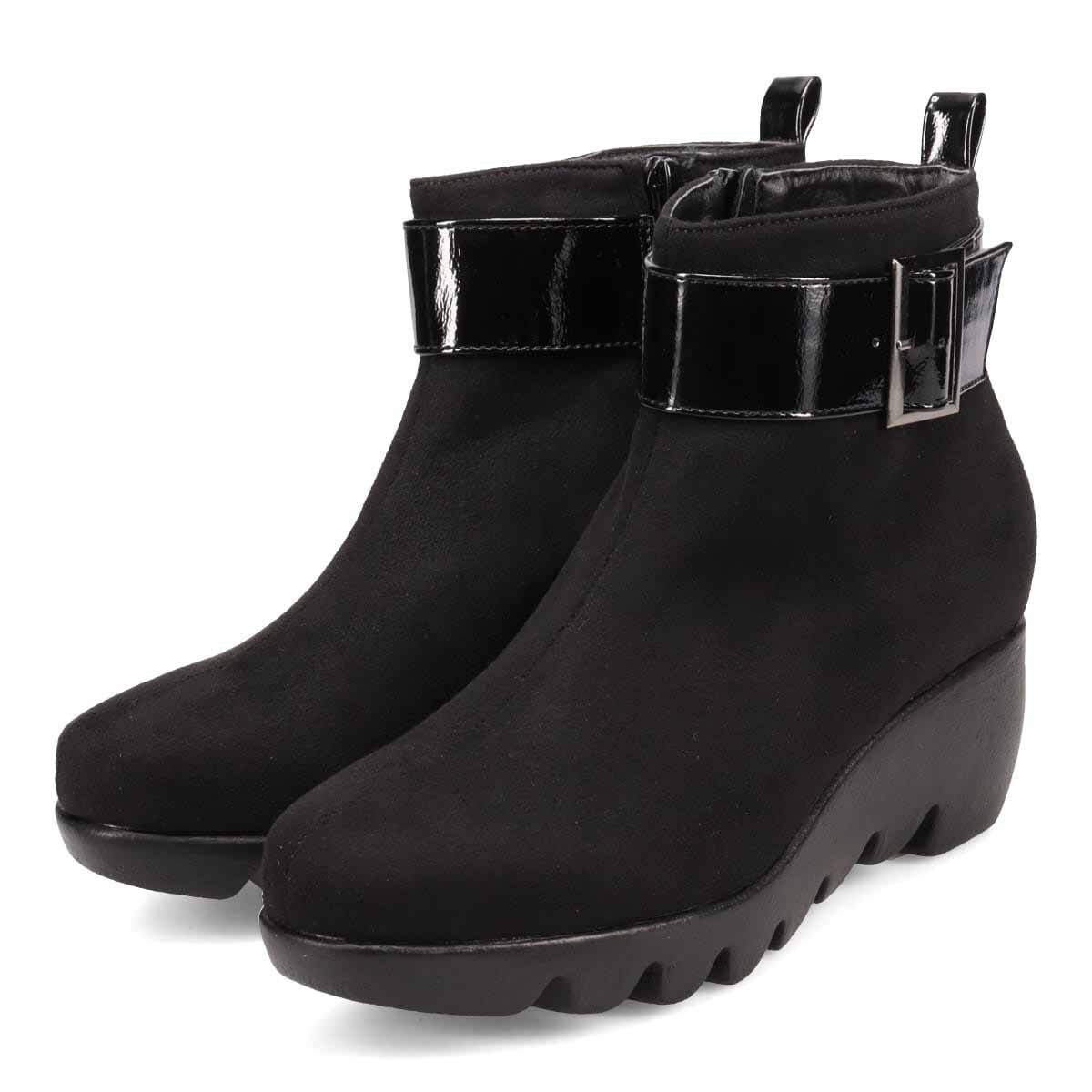 【撥水加工】HIROKO KOSHINO FEMME　ウェーブソール カジュアルショートブーツ　HRL1002 BLACK-SILKY M　(23.0～23.5)
