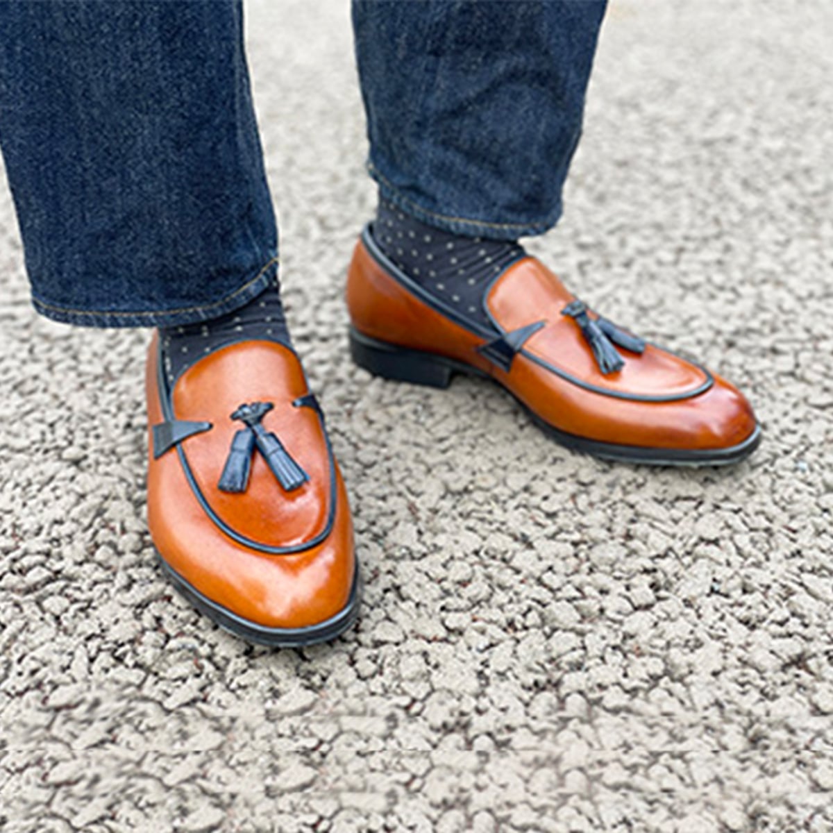 madras ドレスにも対応できる　バイカラーコンビネーション・タッセルスリッポンシューズ　M445 L-BROWN/NAVY 25.0