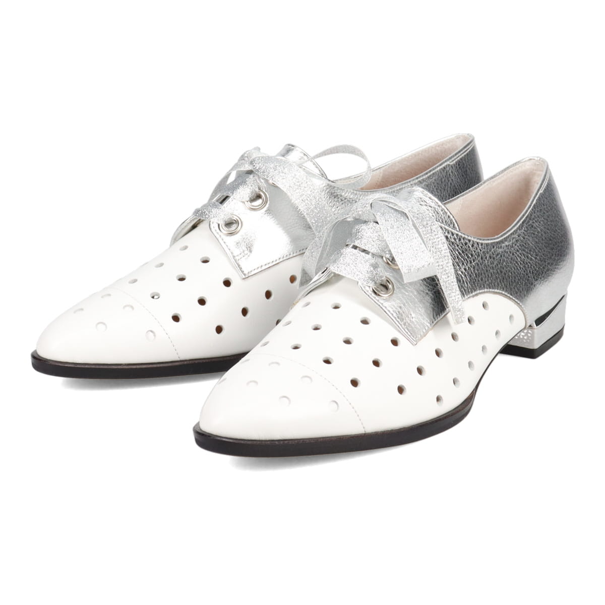 2.5cm『Volutaヒール』を使用したソフト・ポインテッドトウ・レースアップシューズ  MAL4053 WHITE/SILVER 23.0