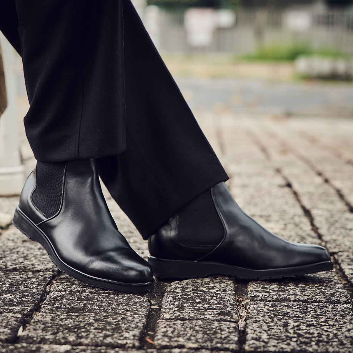 【GORE-TEX×防滑】madras Walk「Recovery Shiatsu Insole」搭載　指圧効果により血行をよくする。ゴアテックス搭載   防滑  幅広4E ラウンド サイドゴアドレスカジュアルブーツ　MW7415HR BLACK 25.0