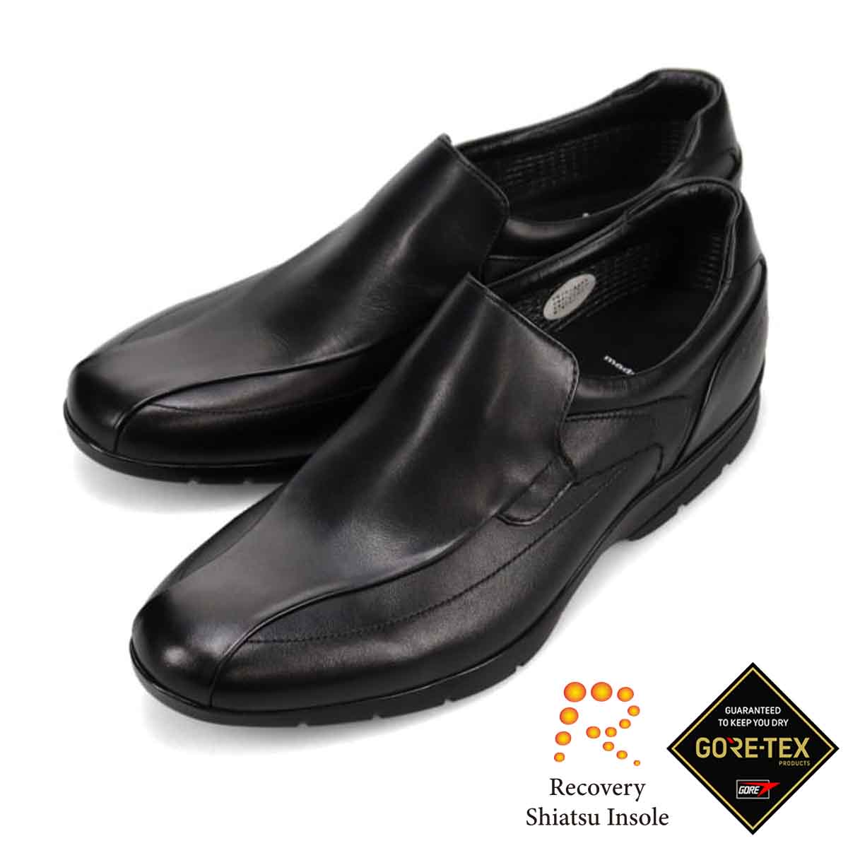 【GORE-TEX】マドラスウォーク madras Walk 「Recovery Shiatsu Insole」搭載で指圧効果により血行をよくする。　全天候快適なゴアテックススリッポン・カジュアルシューズ　MW7702R BLACK 25.0