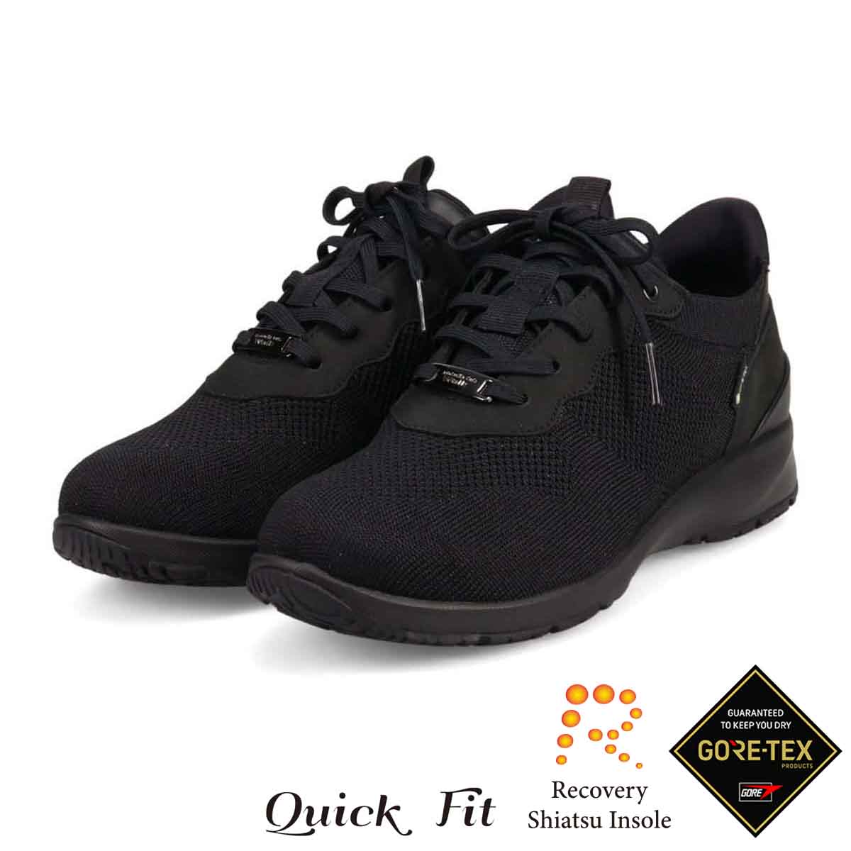 【GORE-TEX】マドラスウォーク madras Walk 「Recovery Shiatsu Insole」搭載で指圧効果により血行をよくする。カジュアルレースアップクイックフィットスニーカー  MWL1035R BLACK 23.0