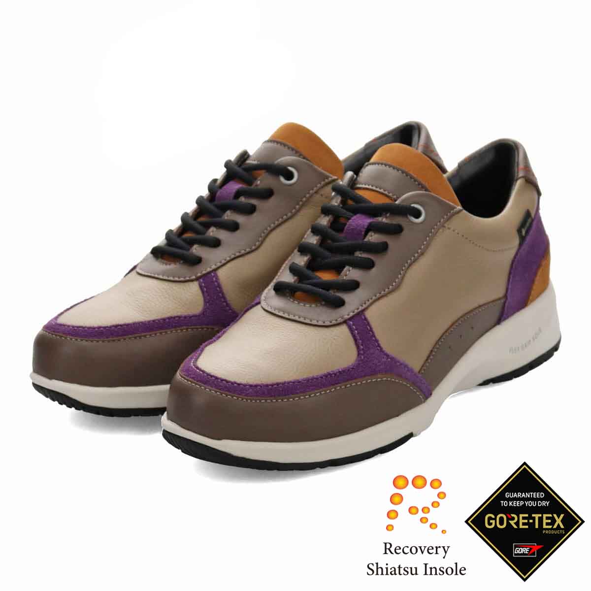 【GORE-TEX】マドラスウォーク madras Walk 「Recovery Shiatsu Insole」搭載で指圧効果により血行をよくする。旅行に最適 ウォーキングレザースニーカー　MWL1204R BEIGE/PURPLE 23.0