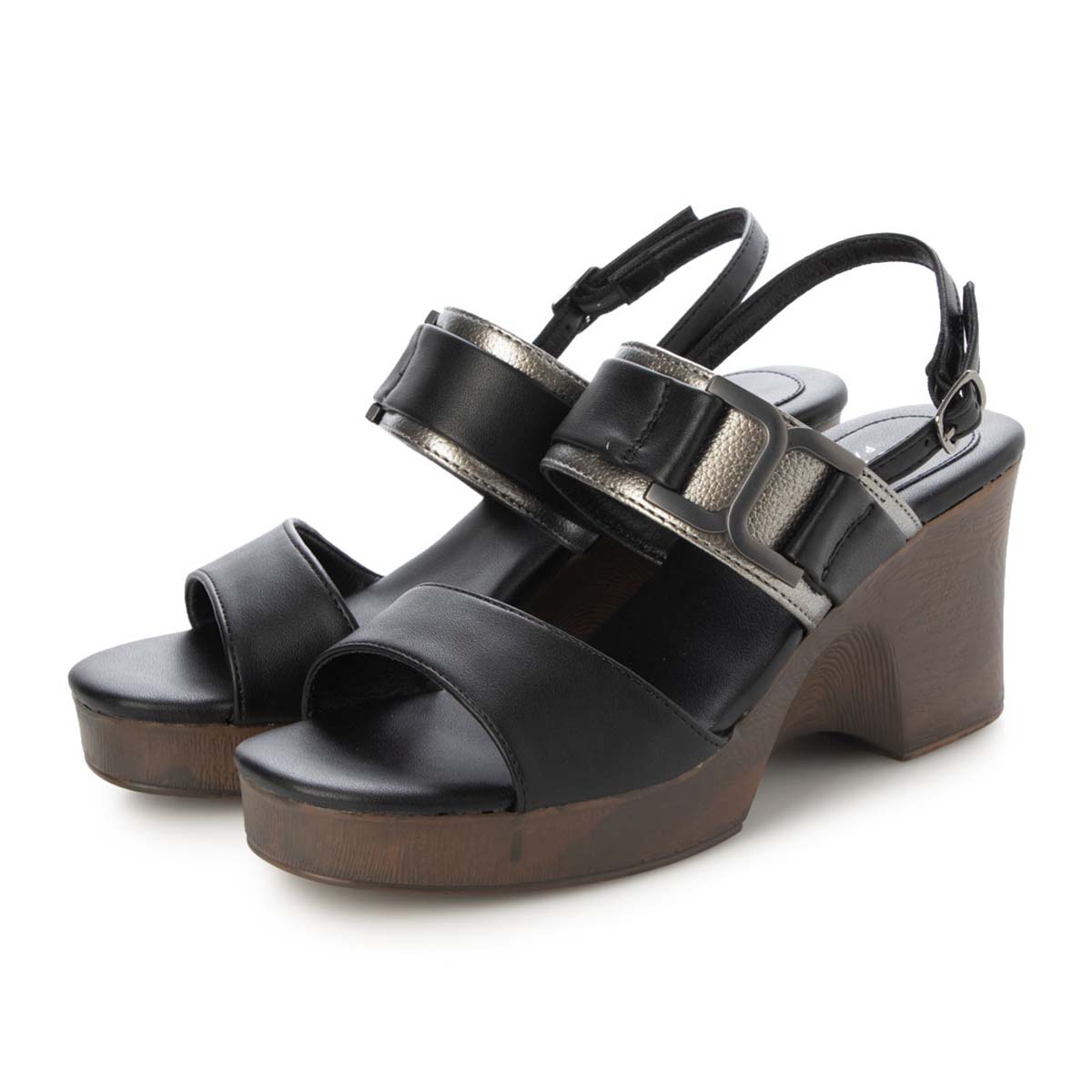 テーン tehen ウッド調のヒールが夏らしいアクセント。7.5cm大人の厚底ウェッジサンダル　TN2305 BLACK/C M　(23.0～23.5)