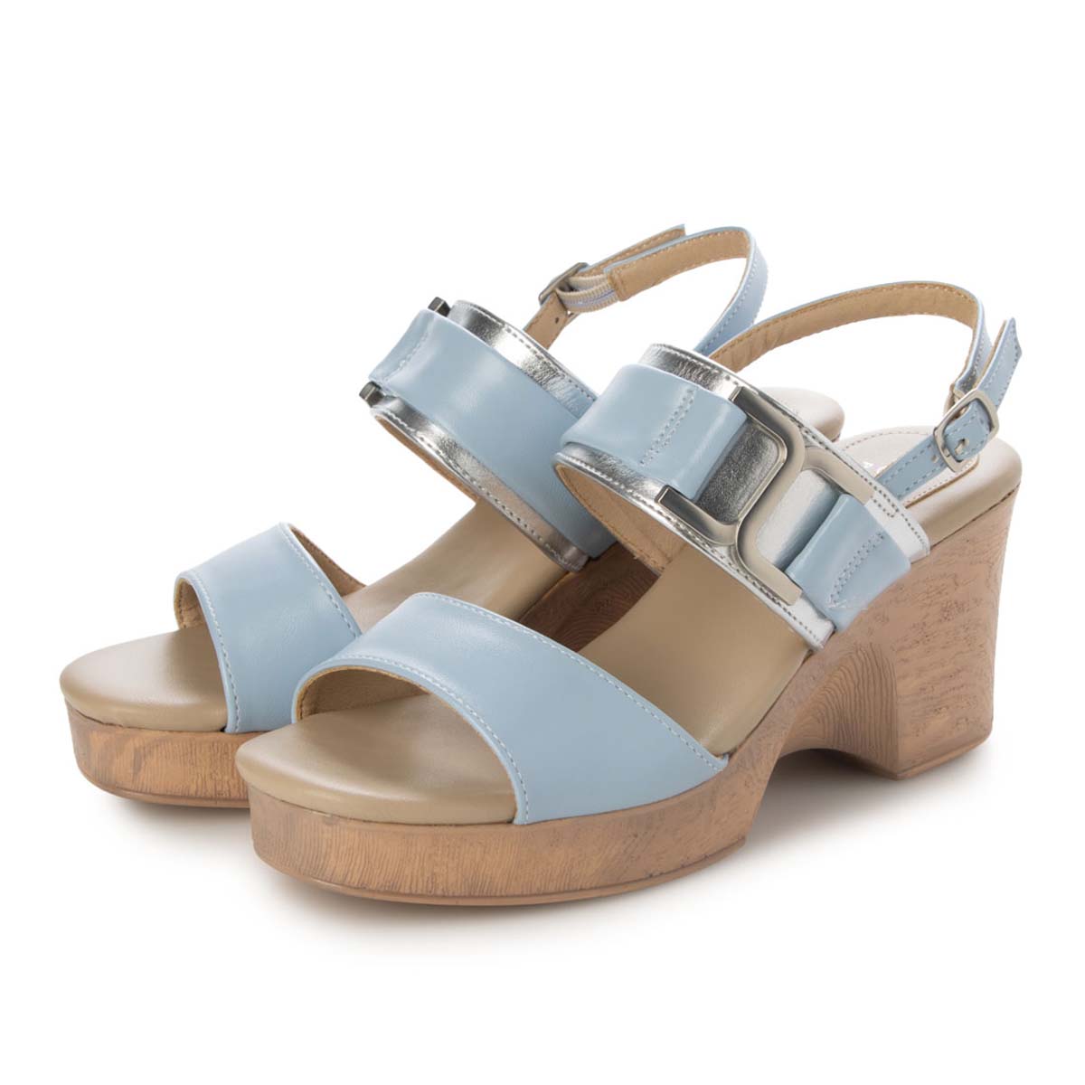テーン tehen ウッド調のヒールが夏らしいアクセント。7.5cm大人の厚底ウェッジサンダル　TN2305 BLUE/C M　(23.0～23.5)