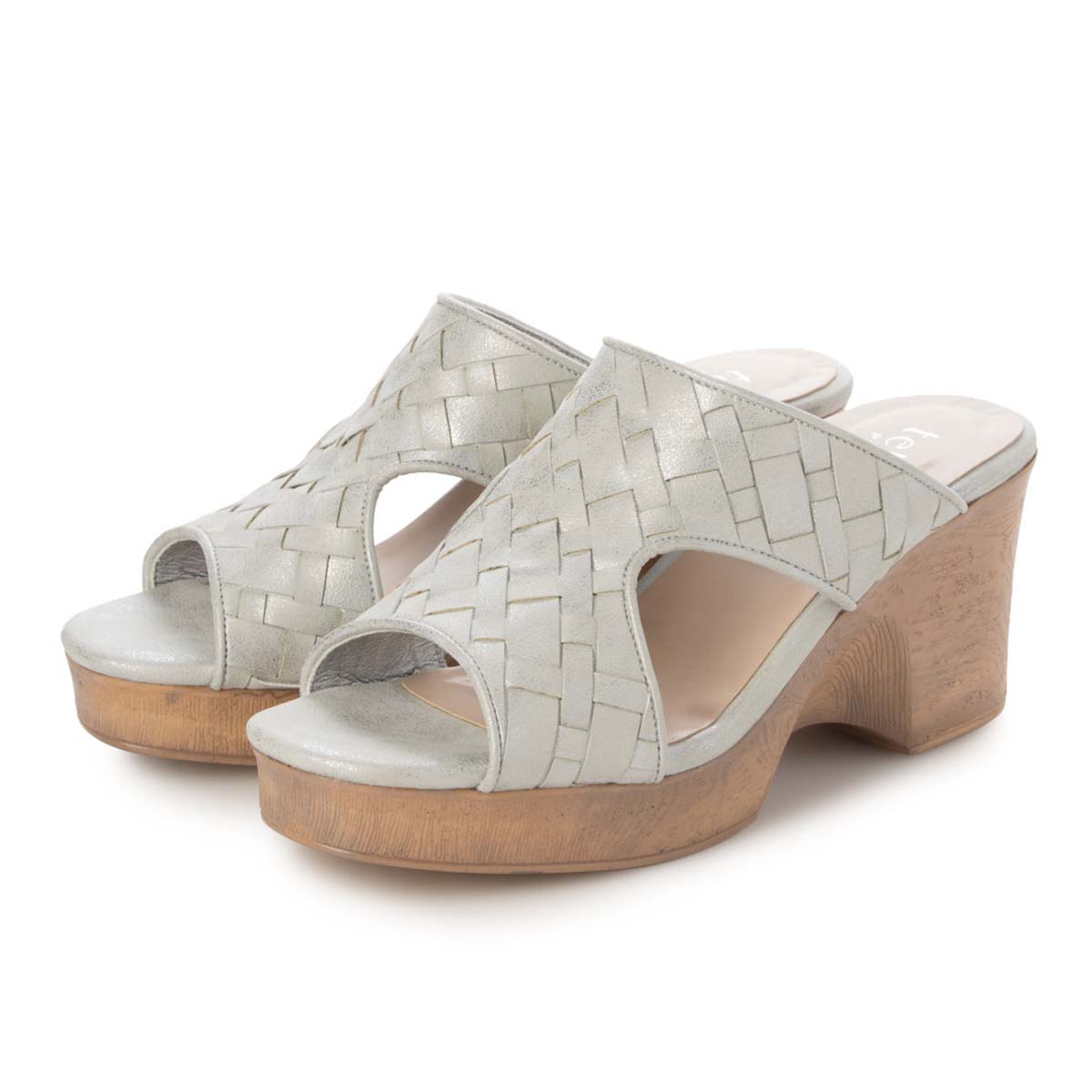 テーン tehen WOOD調ヒールで涼しげな7.5cmウェッジミュールサンダル　TN2306 SILVER M　(23.0～23.5)