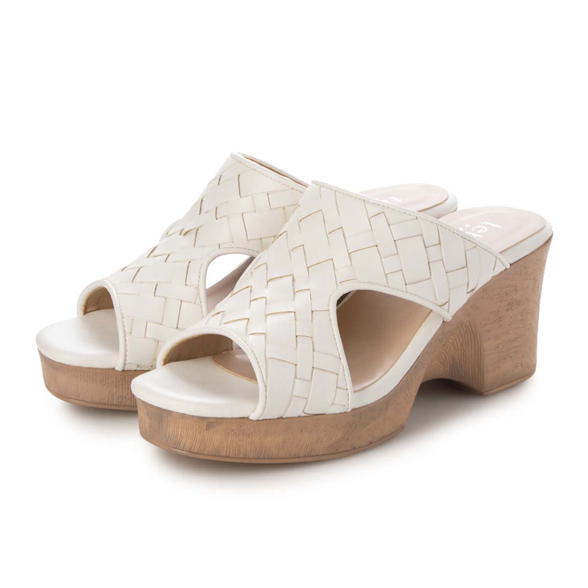 テーン tehen WOOD調ヒールで涼しげな7.5cmウェッジミュールサンダル　TN2306 WHITE M　(23.0～23.5)